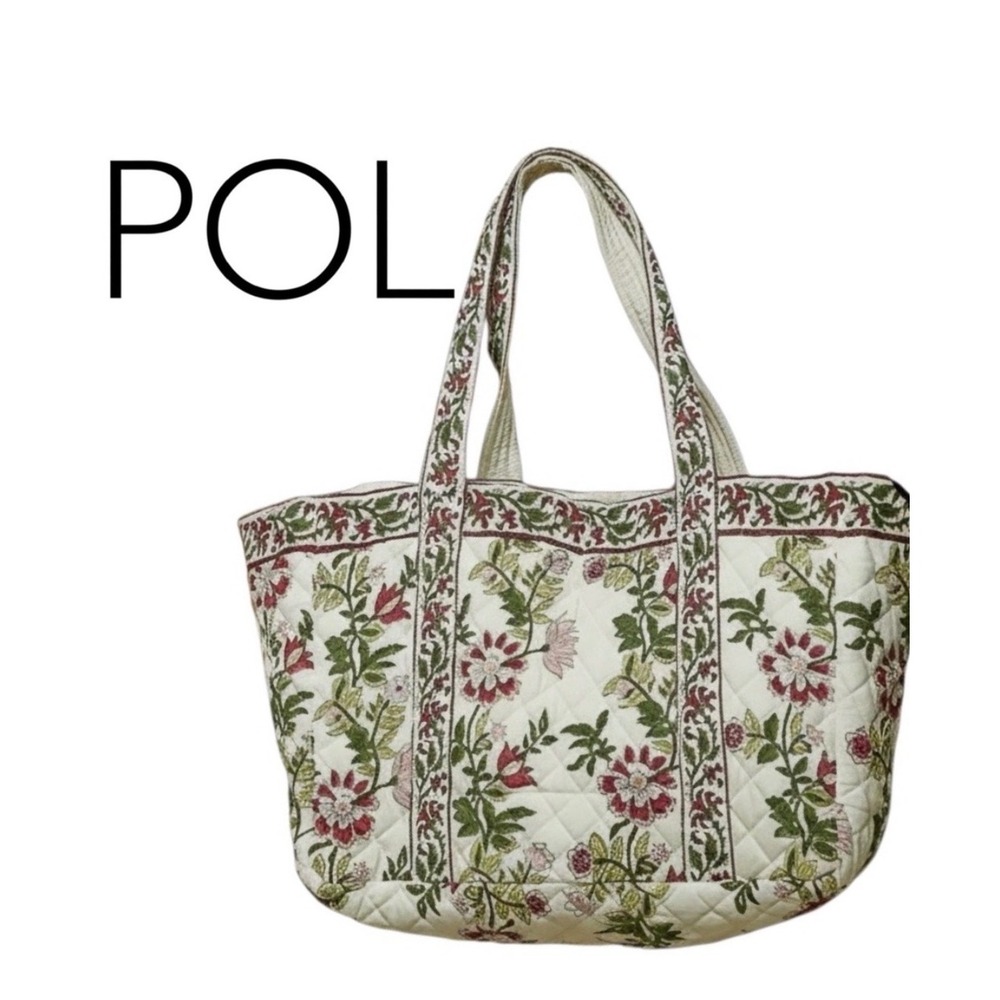 POL Hand Block Print Quilted Tote Bag Floral Cotton Cream Pink Green SMQE18 NEW